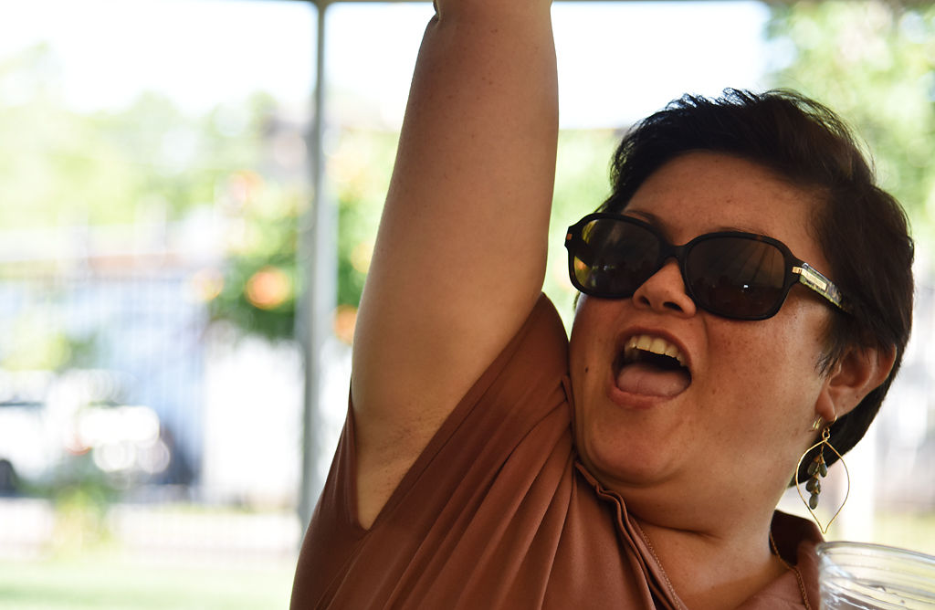Jana Stern cheers after beating her opponent at the Rock Paper Scissors Challenge